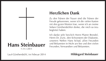 Traueranzeige von Hans Steinbauer von Pegnitz-Zeitung